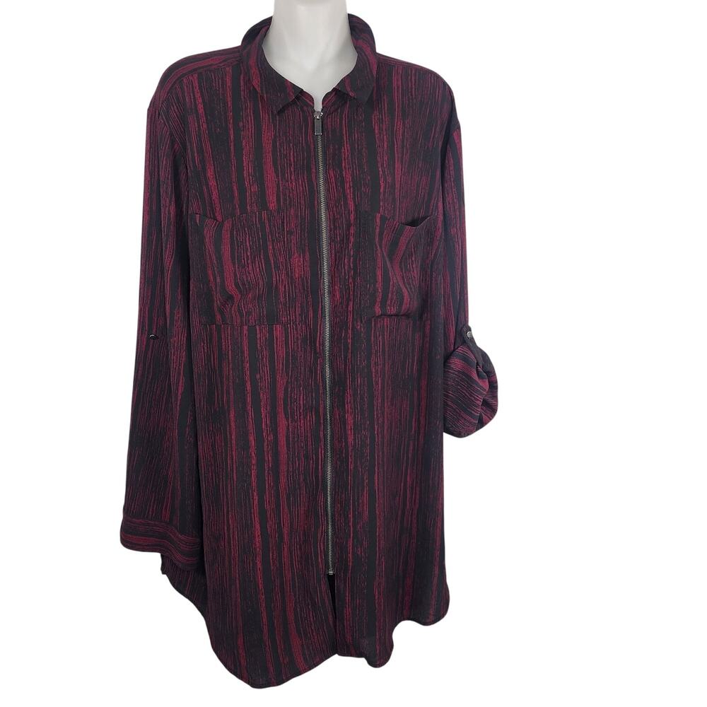 Rock & Republic Womens Zip Front Tunic Top XXL Wine Long Sleeve Roll Tab Pockets